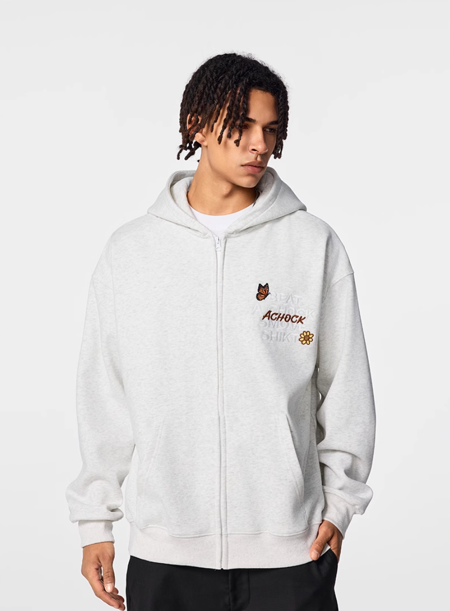 Achock Floral Patch Embroidered Zip Up Hoodie