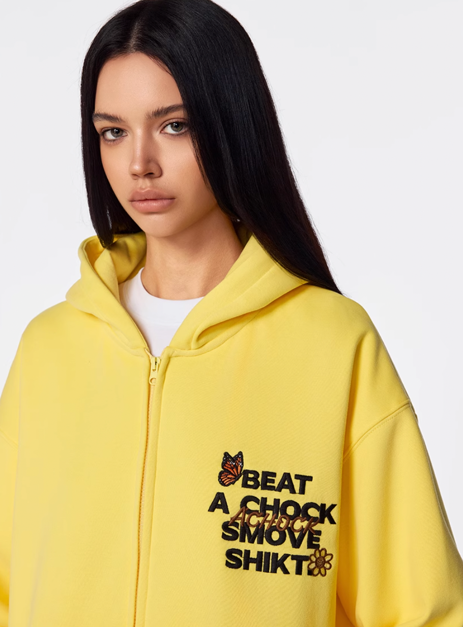 Achock Floral Patch Embroidered Zip Up Hoodie