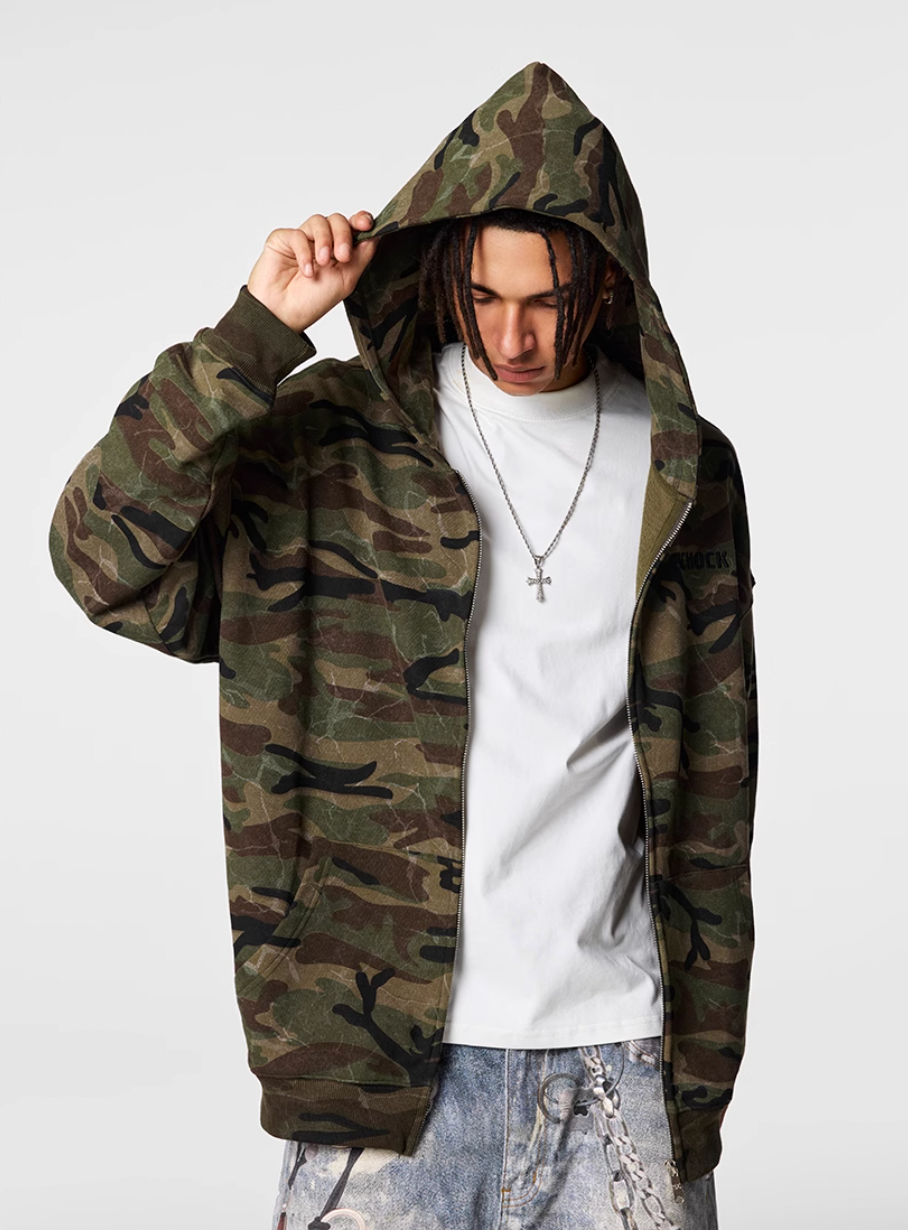 Achock Patch Embroidery Camouflage Zip Up Hoodie