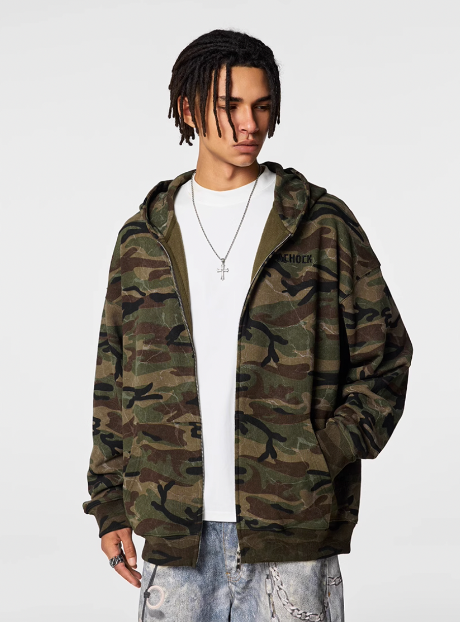 Achock Patch Embroidery Camouflage Zip Up Hoodie