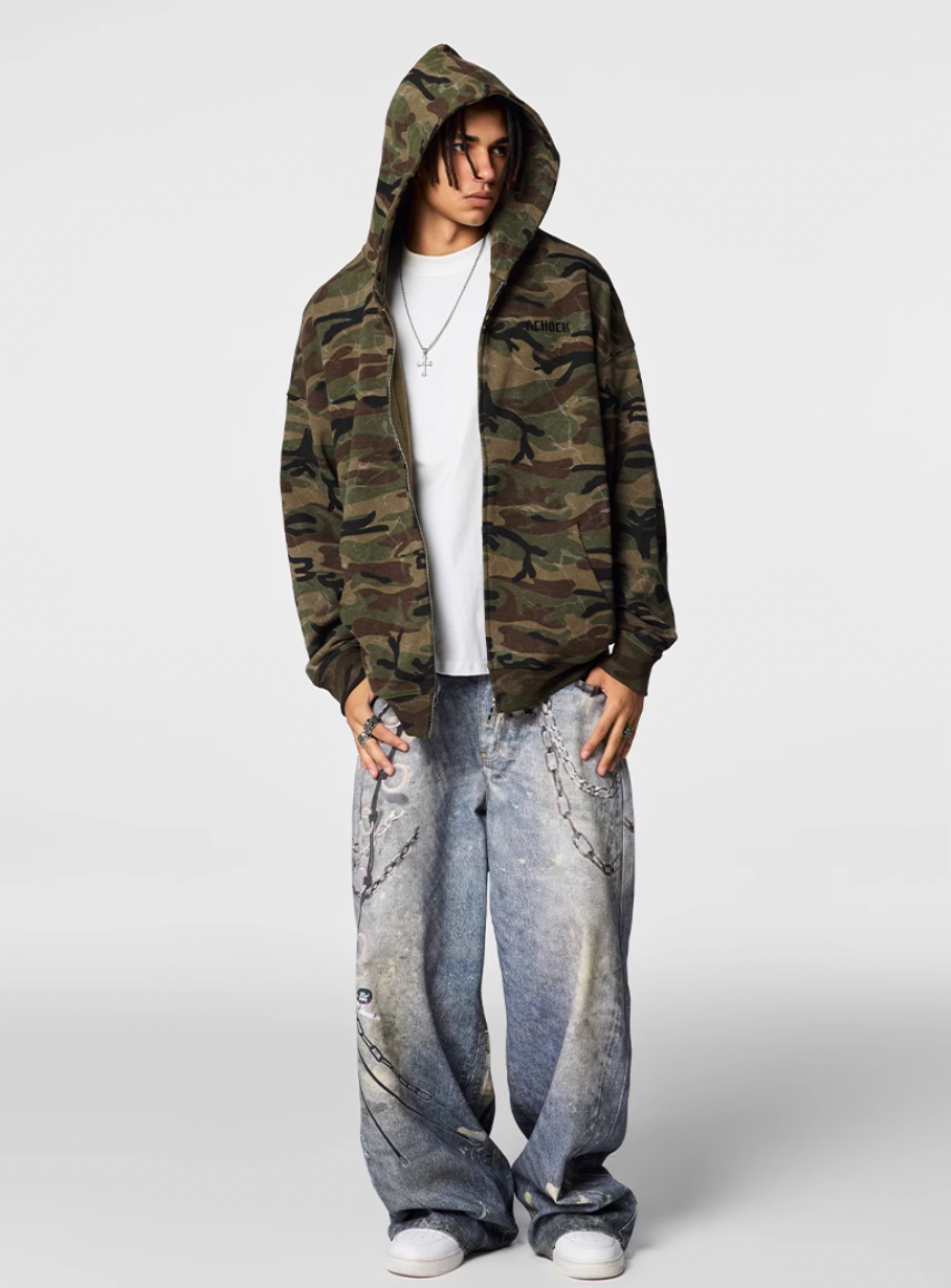 Achock Patch Embroidery Camouflage Zip Up Hoodie