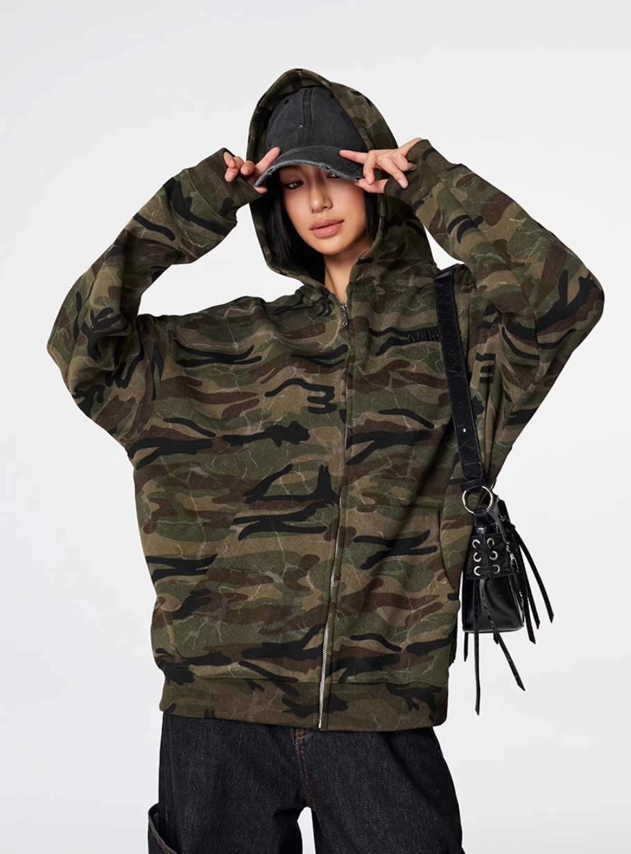 Achock Patch Embroidery Camouflage Zip Up Hoodie