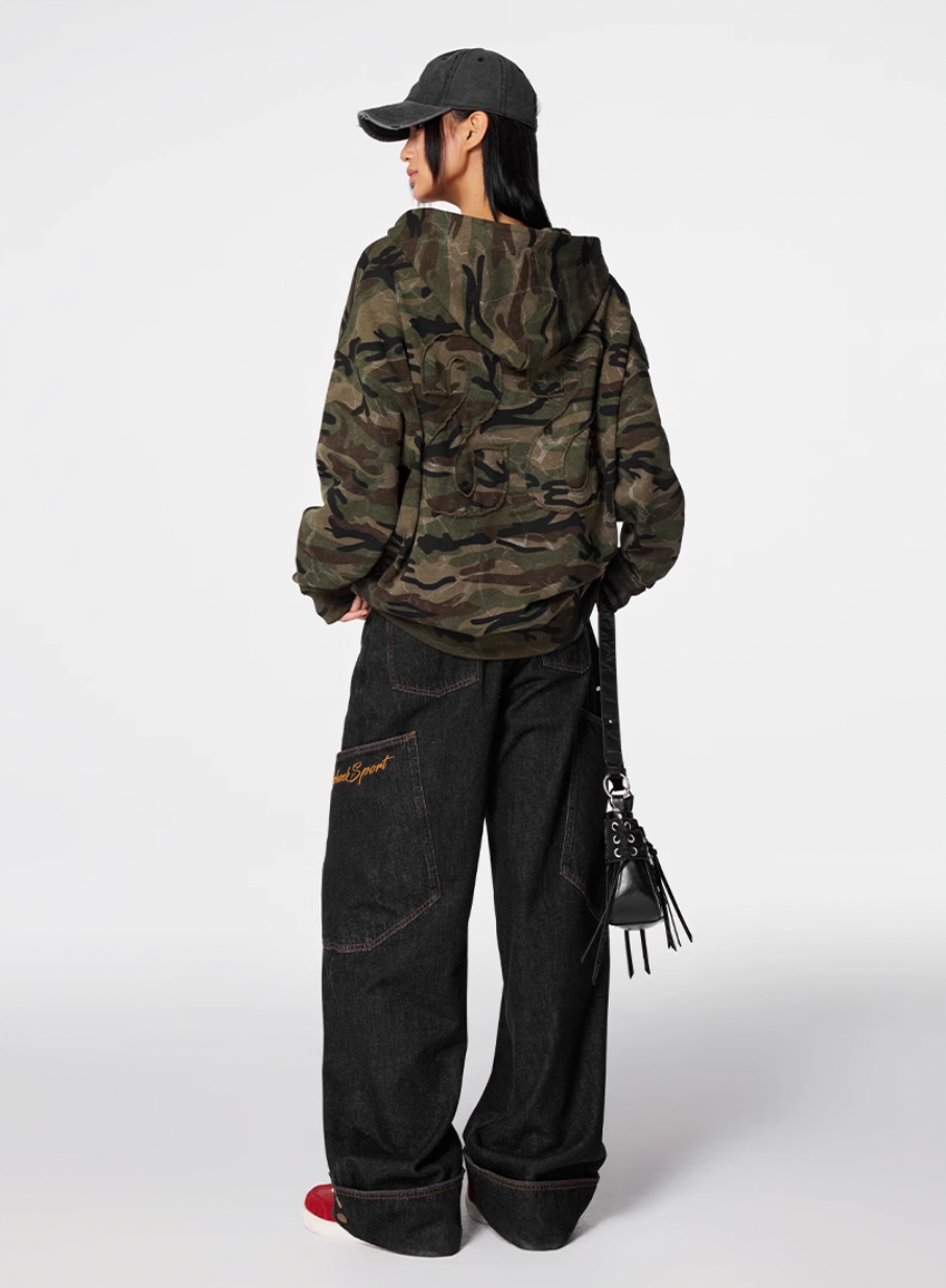 Achock Patch Embroidery Camouflage Zip Up Hoodie