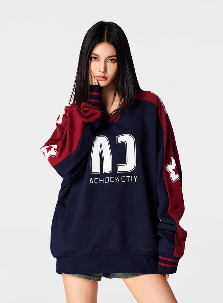Achock Color Blocking V-Neck Sweatshirt