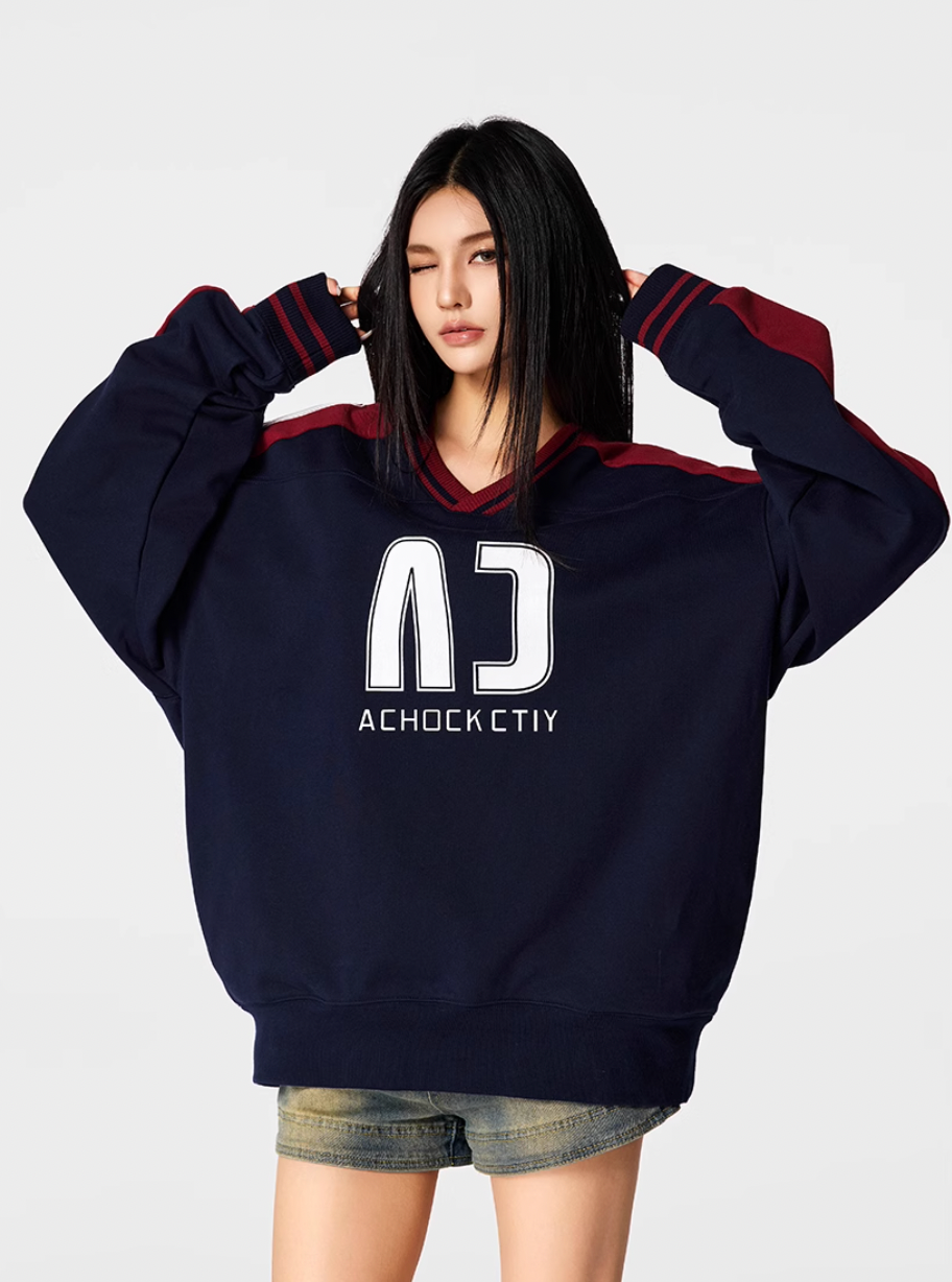 Achock Color Blocking V-Neck Sweatshirt