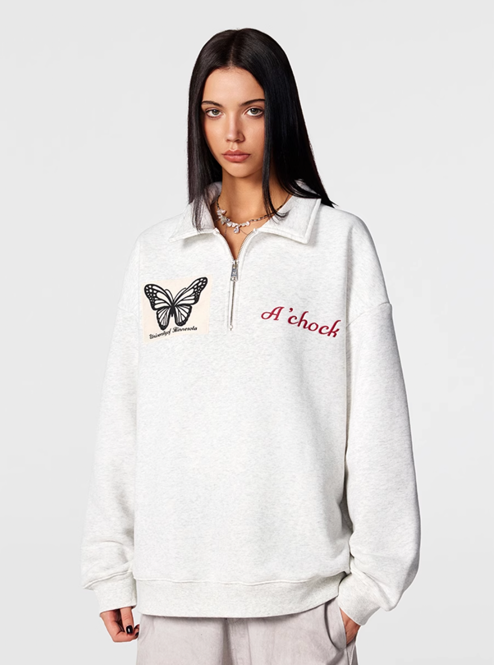 Achock Butterfly Patch Embroidered Half-Zip Sweatshirt