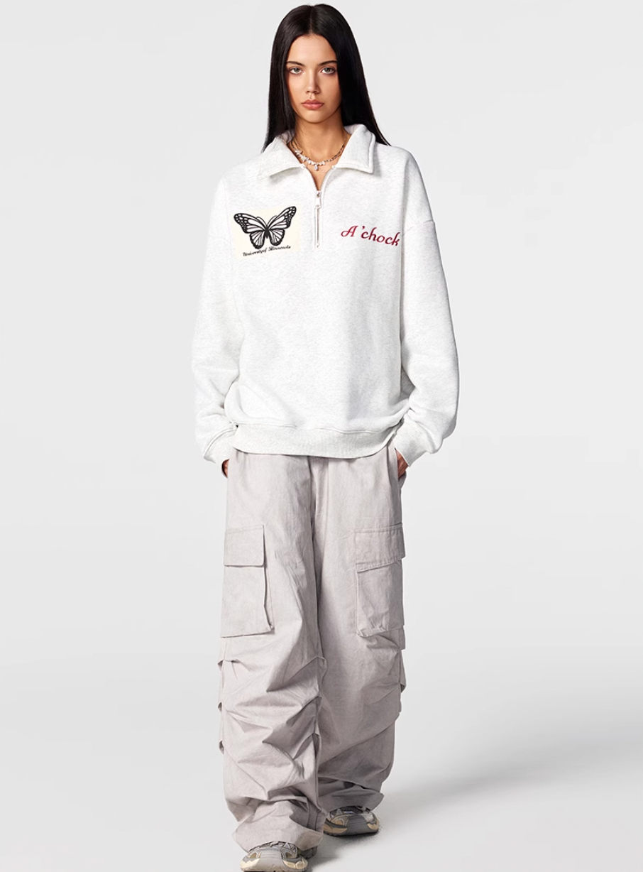 Achock Butterfly Patch Embroidered Half-Zip Sweatshirt