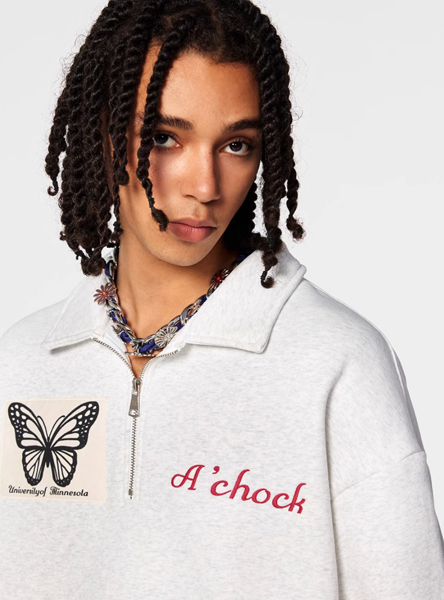 Achock Butterfly Patch Embroidered Half-Zip Sweatshirt