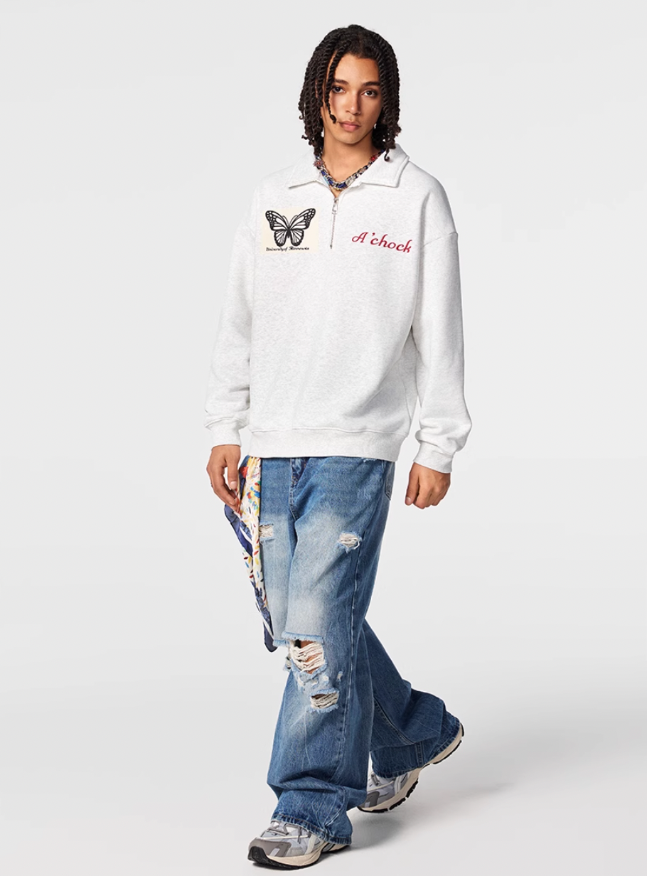 Achock Butterfly Patch Embroidered Half-Zip Sweatshirt