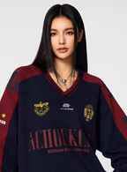 Achock Letter Printed Color Blocked V-Neck Sweatshirt