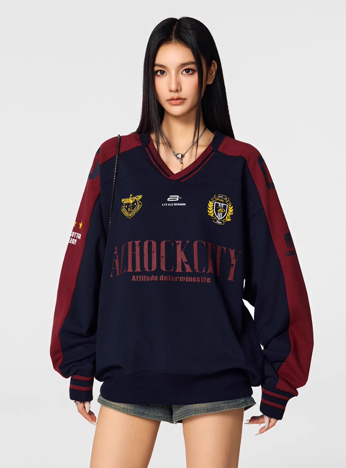 Achock Letter Printed Color Blocked V-Neck Sweatshirt