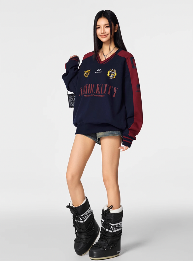 Achock Letter Printed Color Blocked V-Neck Sweatshirt