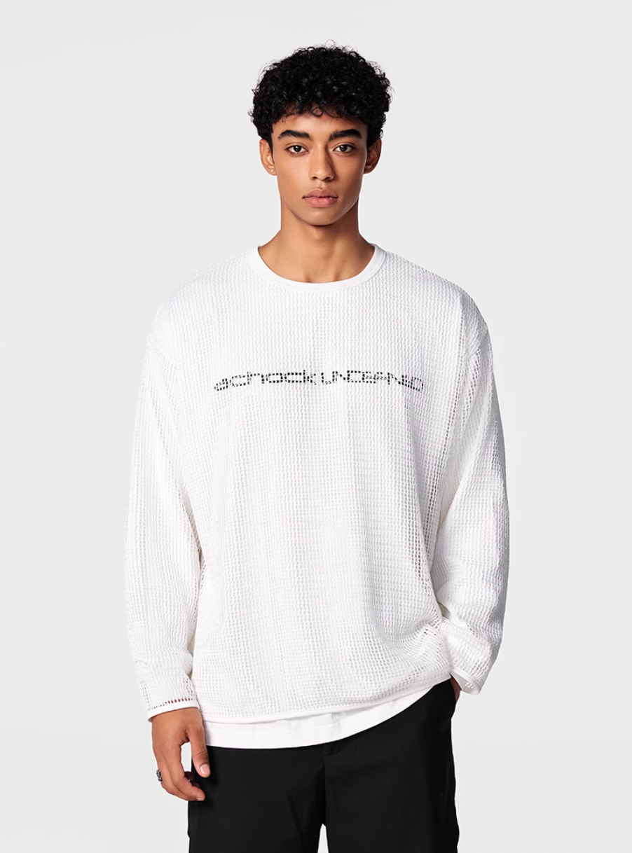Achock Fake Two Pieces Printed Mesh Long Sleeve Tee