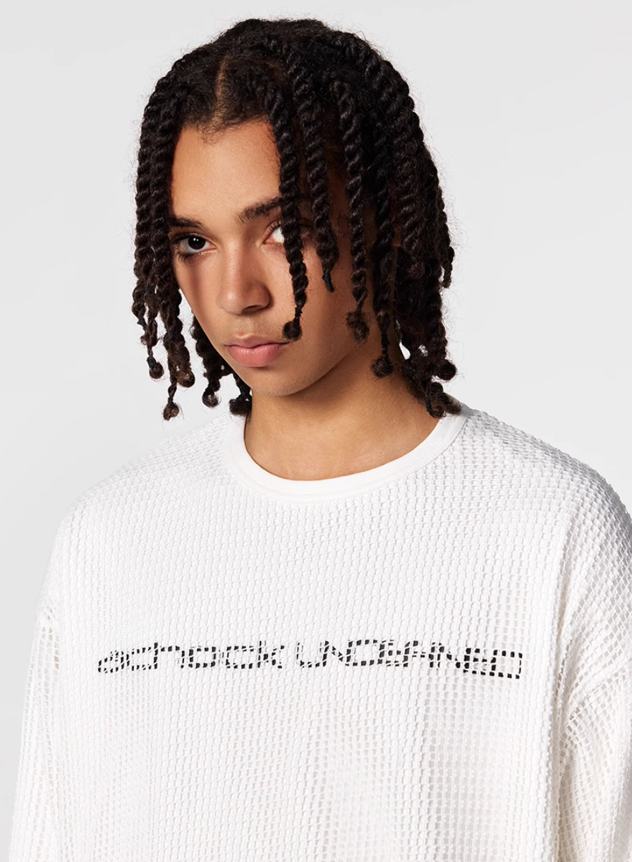 Achock Fake Two Pieces Printed Mesh Long Sleeve Tee