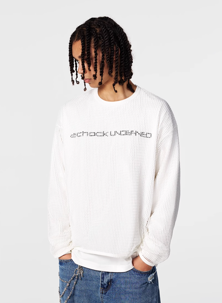 Achock Fake Two Pieces Printed Mesh Long Sleeve Tee
