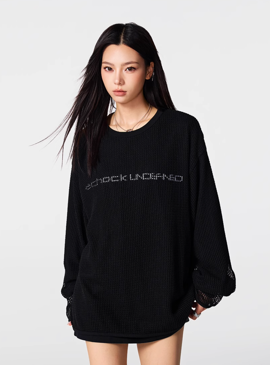 Achock Fake Two Pieces Printed Mesh Long Sleeve Tee