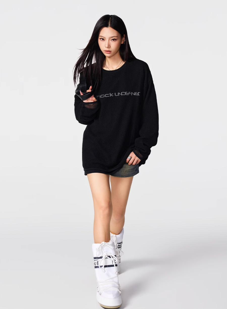 Achock Fake Two Pieces Printed Mesh Long Sleeve Tee