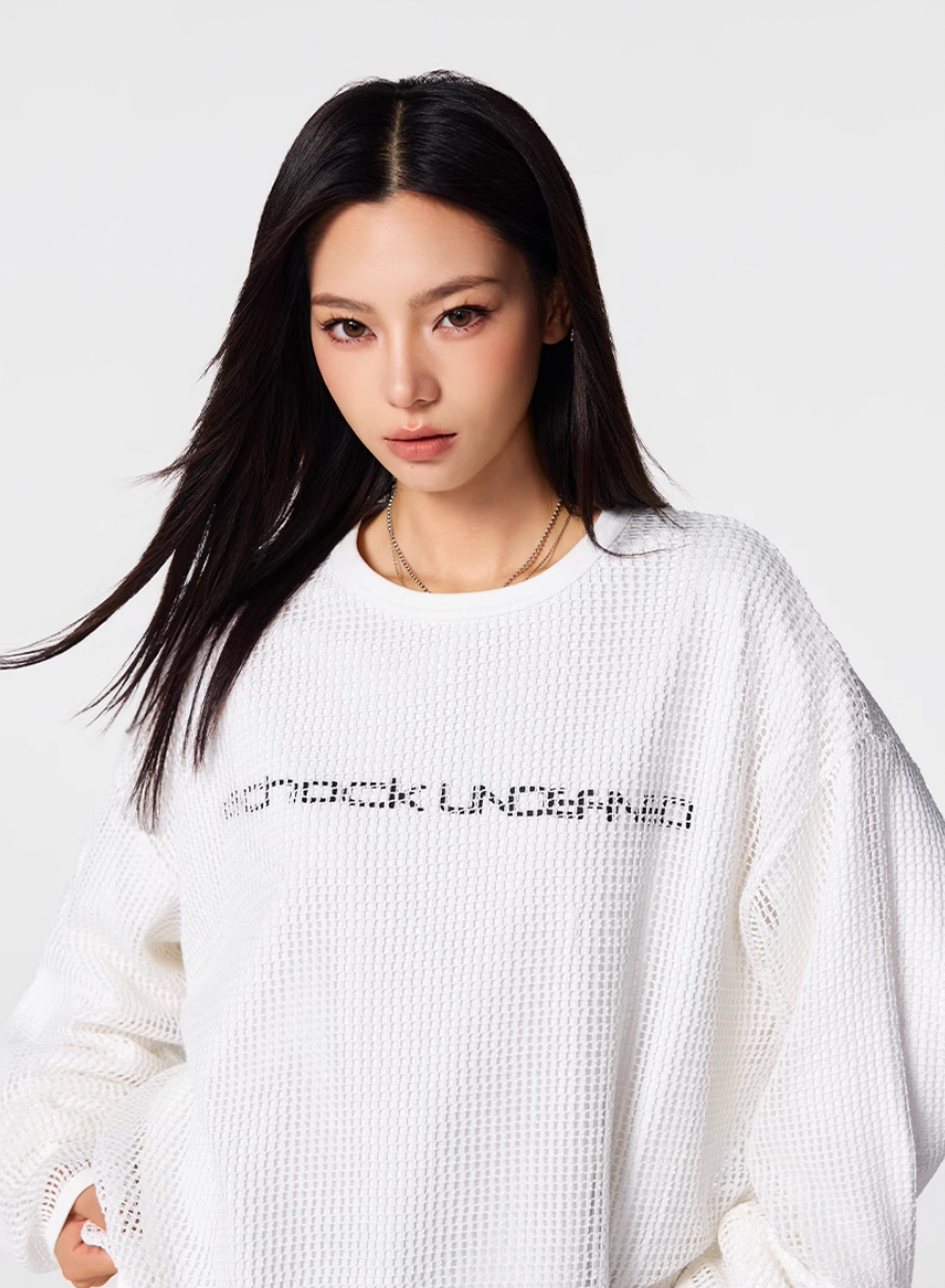 Achock Fake Two Pieces Printed Mesh Long Sleeve Tee