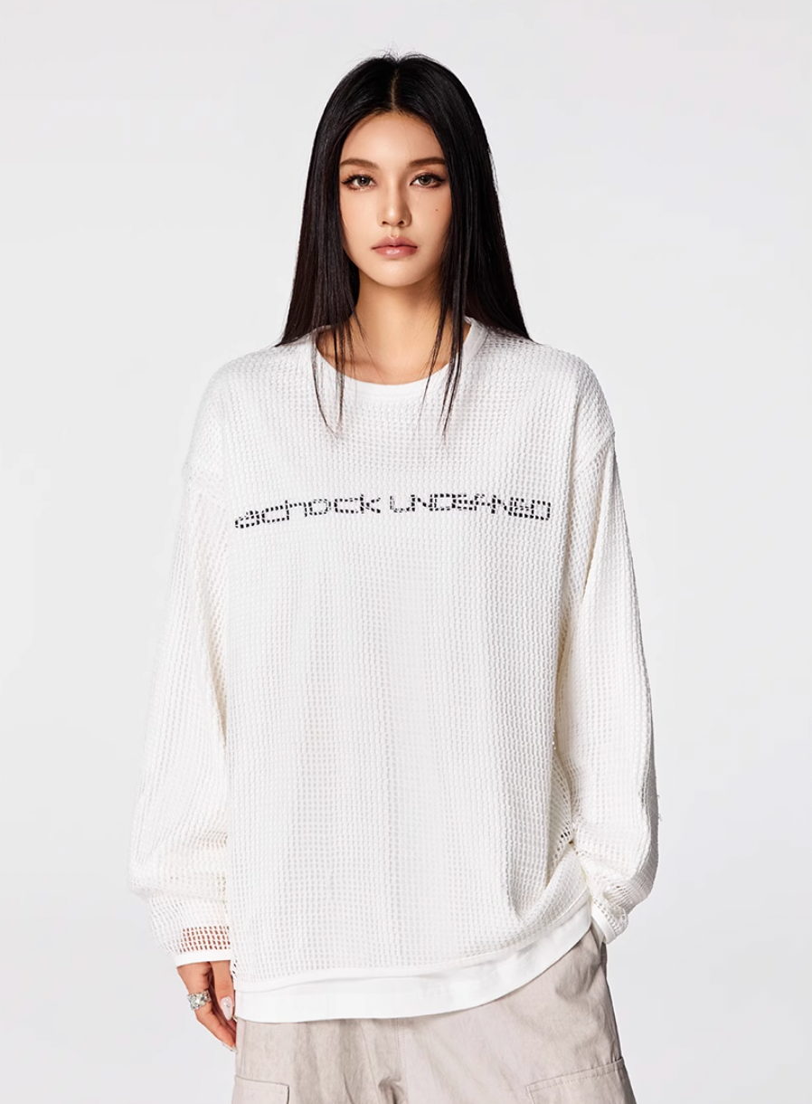 Achock Fake Two Pieces Printed Mesh Long Sleeve Tee