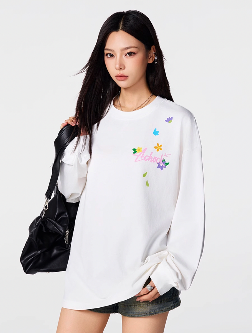 Achock Small Flower Logo Print Long Sleeve Tee
