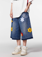 Achock Creative Letter Petal Embroidery Denim Shorts
