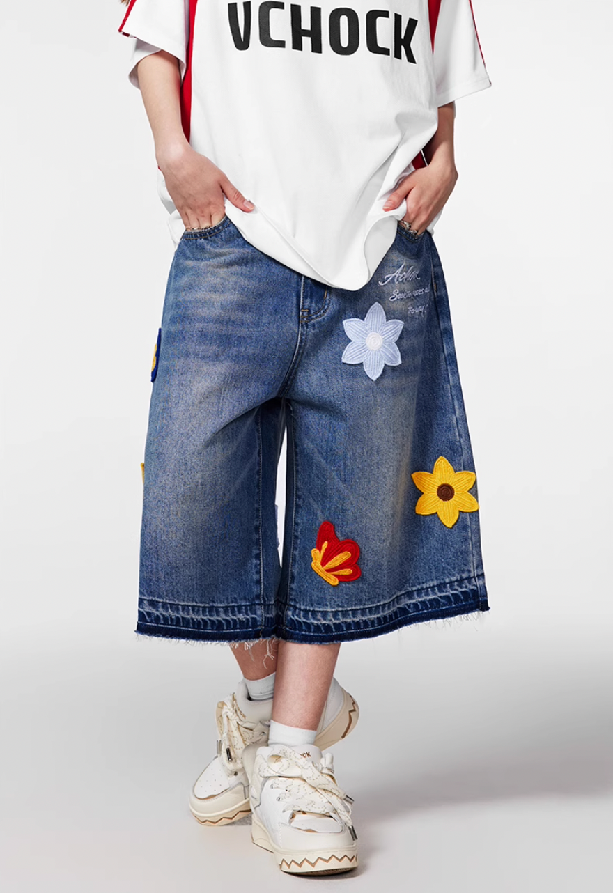 Achock Creative Letter Petal Embroidery Denim Shorts