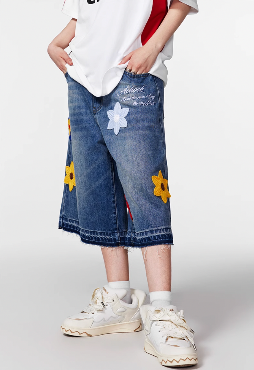 Achock Creative Letter Petal Embroidery Denim Shorts