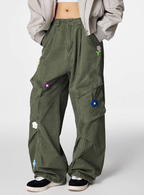 Achock Washed Multi Pocket Flower Embroidery Work Cargo Pants