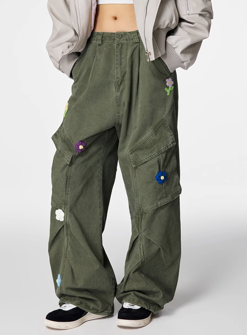 Achock Washed Multi Pocket Flower Embroidery Work Cargo Pants