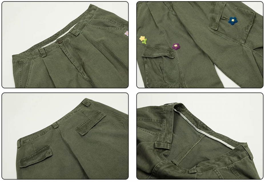 Achock Washed Multi Pocket Flower Embroidery Work Cargo Pants