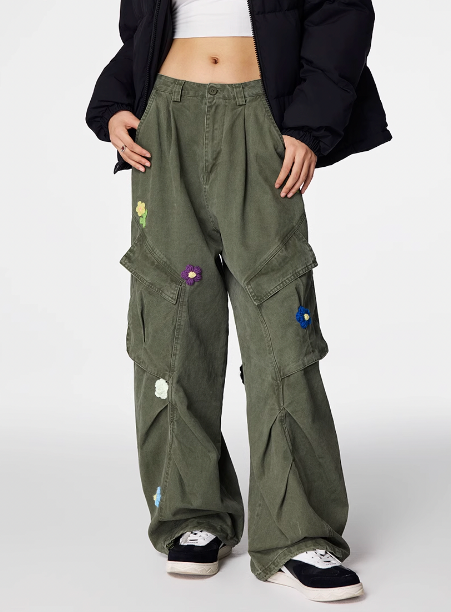 Achock Washed Multi Pocket Flower Embroidery Work Cargo Pants