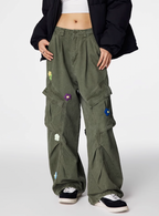 Achock Washed Multi Pocket Flower Embroidery Work Cargo Pants