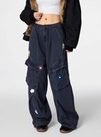 Achock Washed Multi Pocket Flower Embroidery Work Cargo Pants