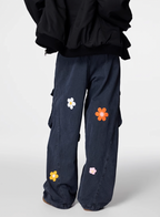 Achock Washed Multi Pocket Flower Embroidery Work Cargo Pants