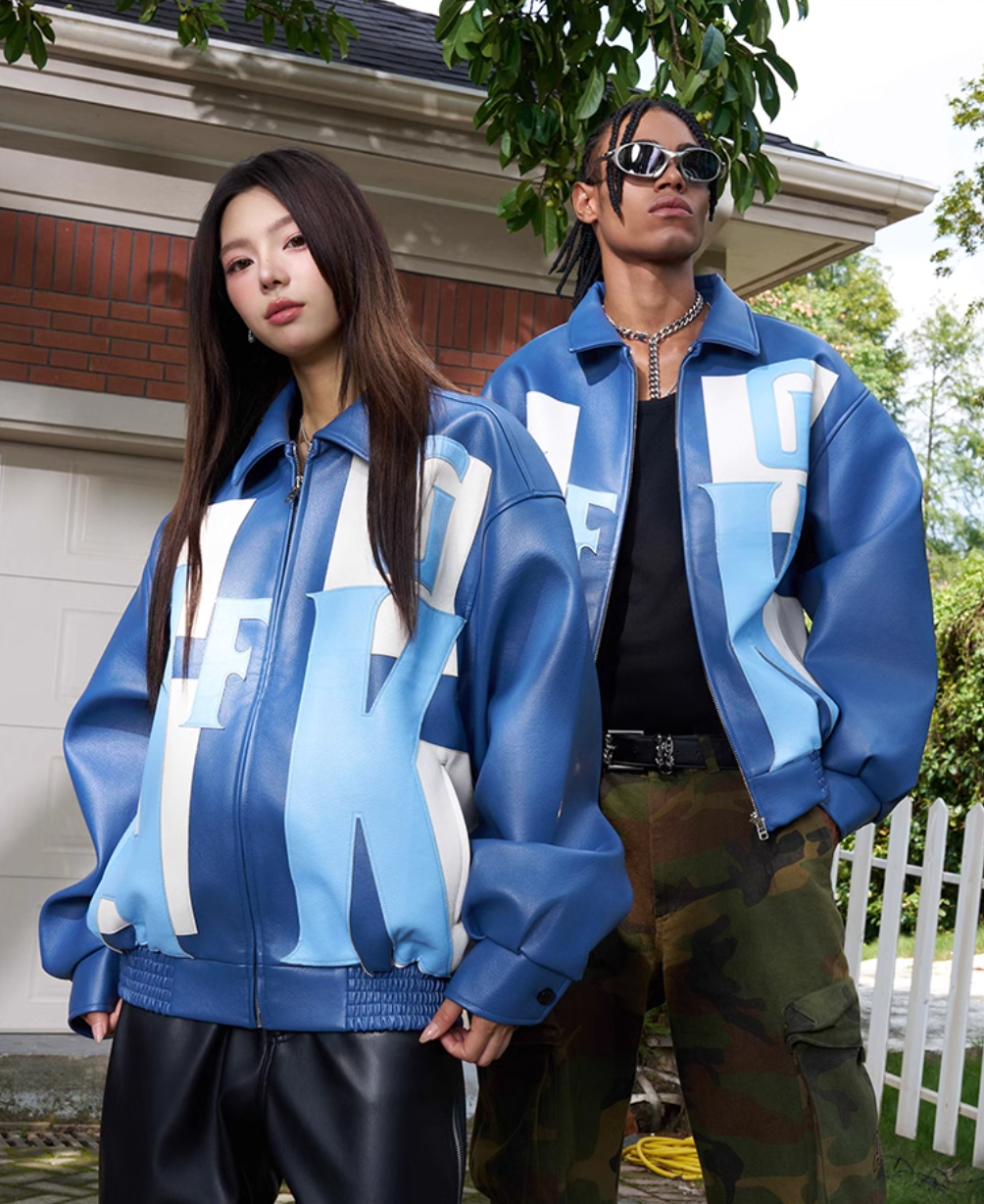 AFGK Large Logo Color Block Racing Leather Jacket