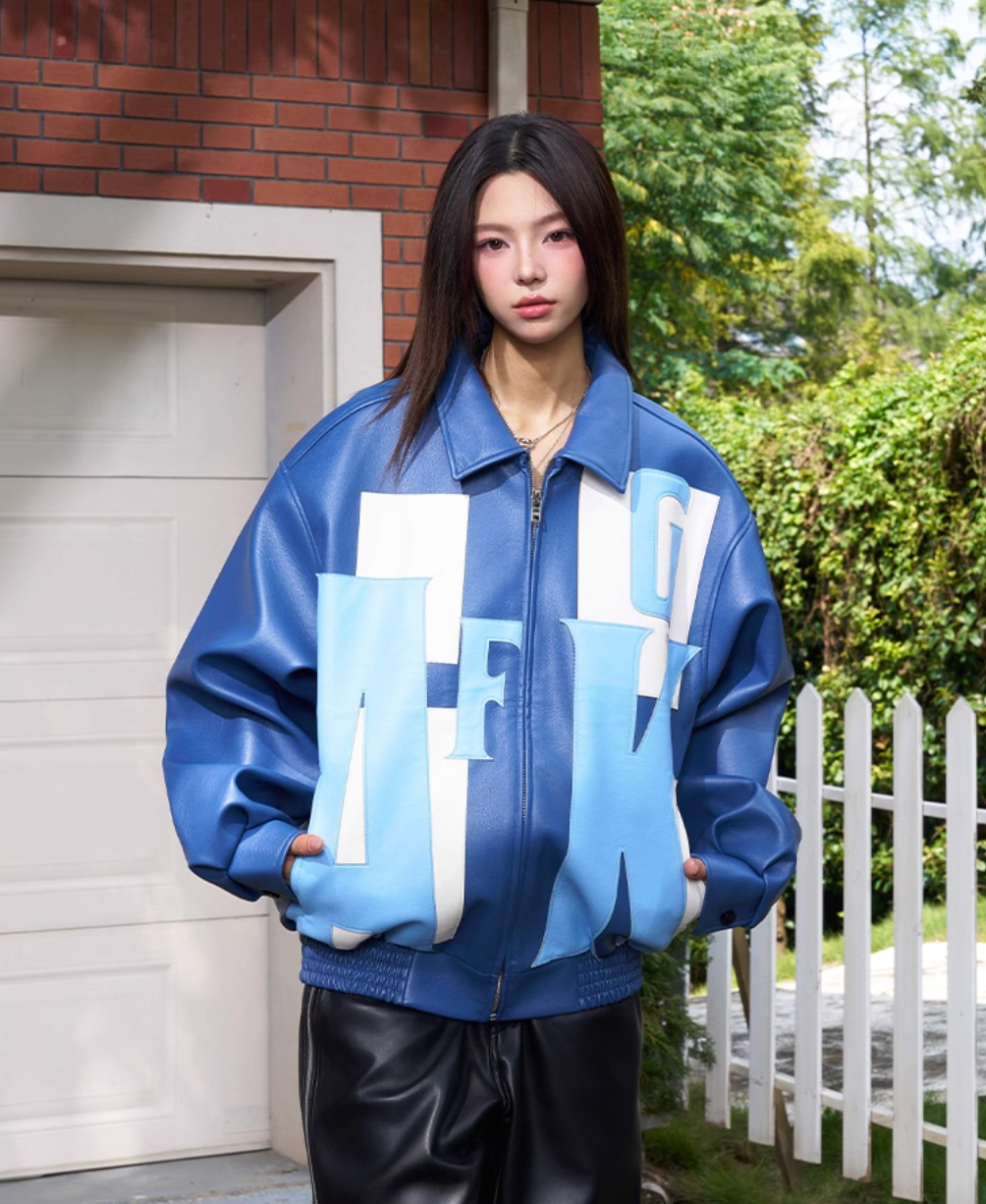 AFGK Large Logo Color Block Racing Leather Jacket