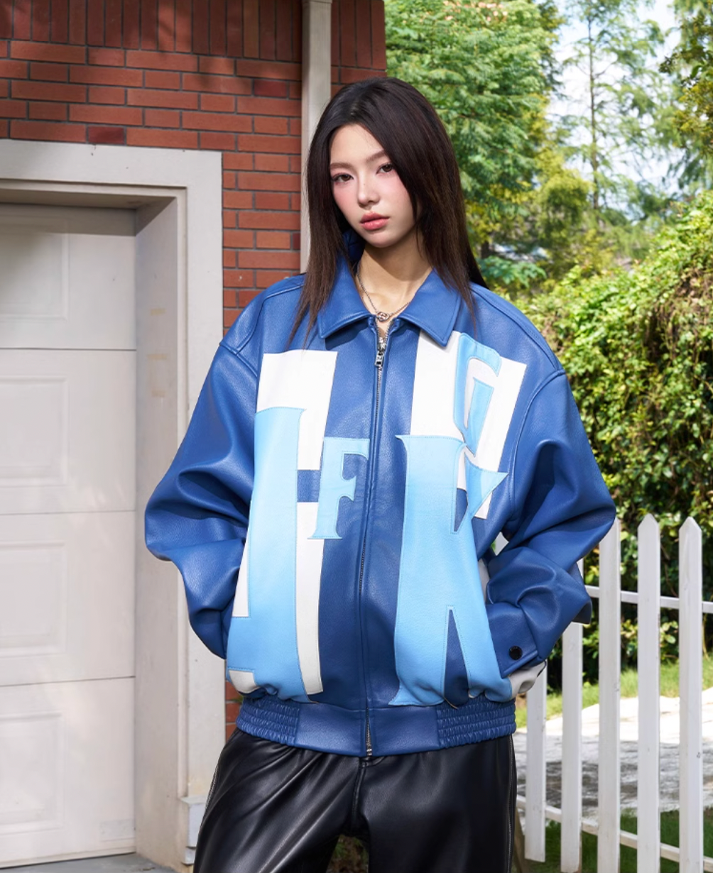 AFGK Large Logo Color Block Racing Leather Jacket