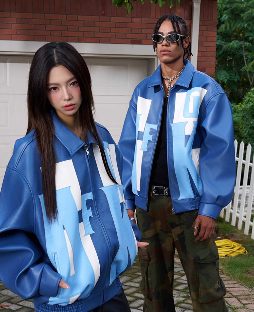 AFGK Large Logo Color Block Racing Leather Jacket