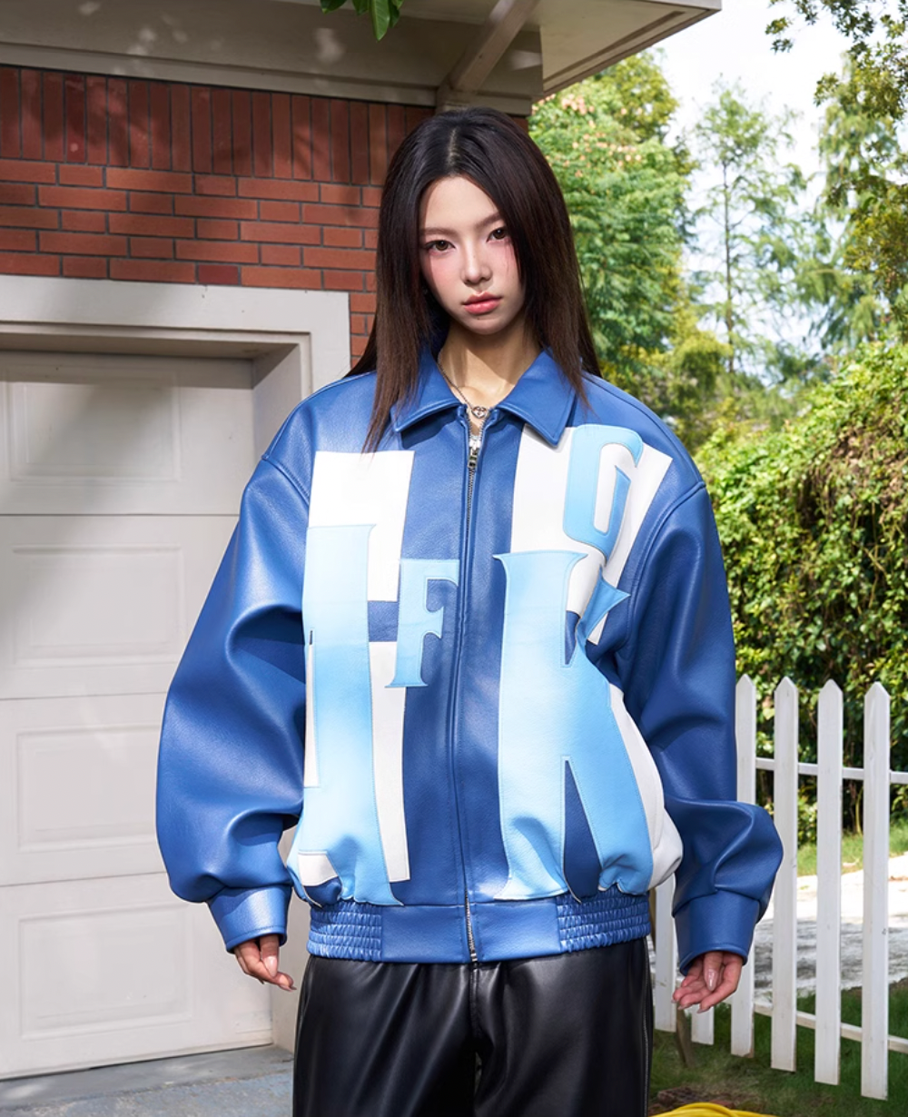 AFGK Large Logo Color Block Racing Leather Jacket