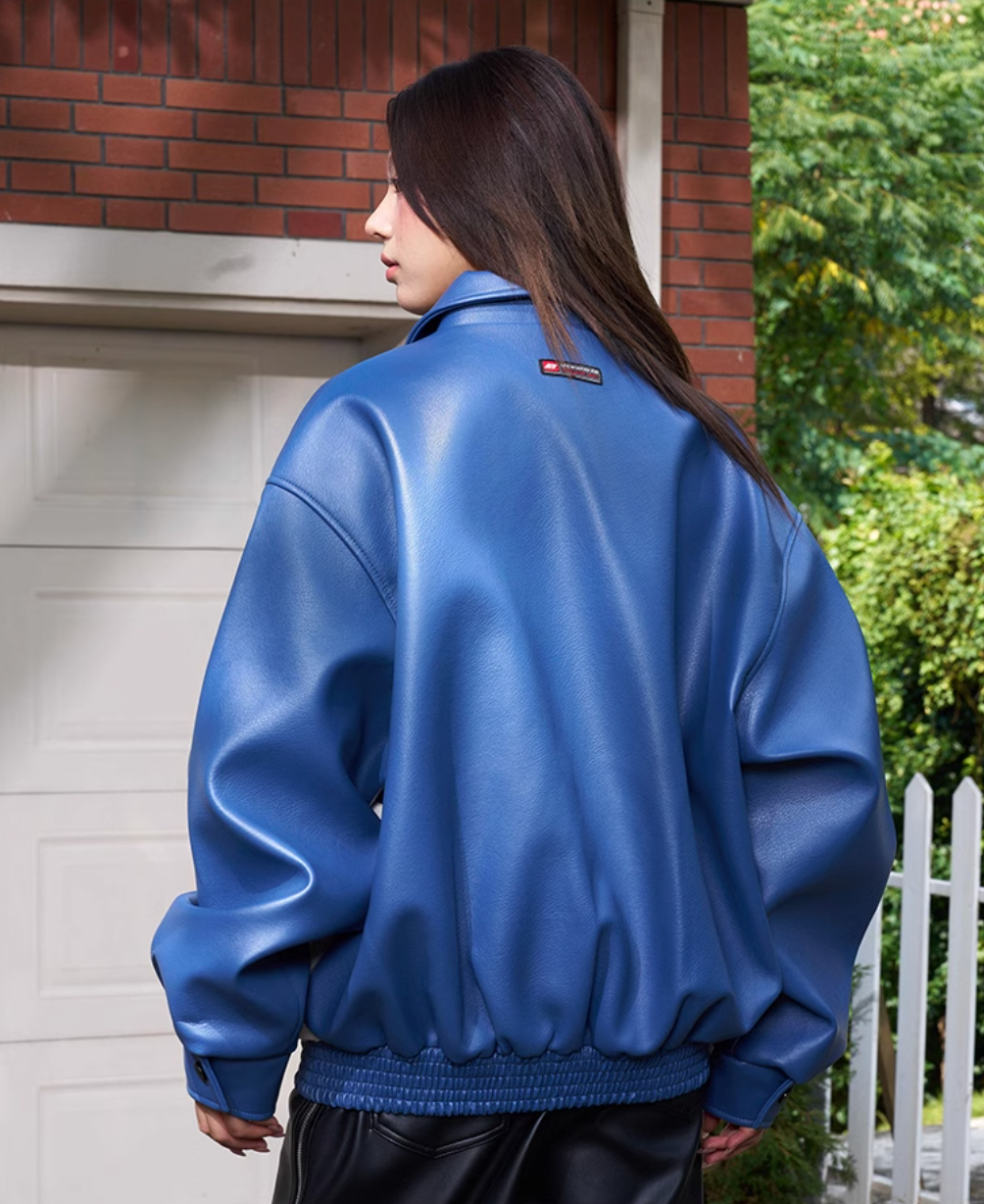 AFGK Large Logo Color Block Racing Leather Jacket