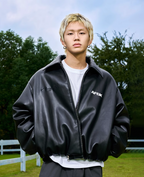 AFGK Embroidered Leather Short Bomber Jacket