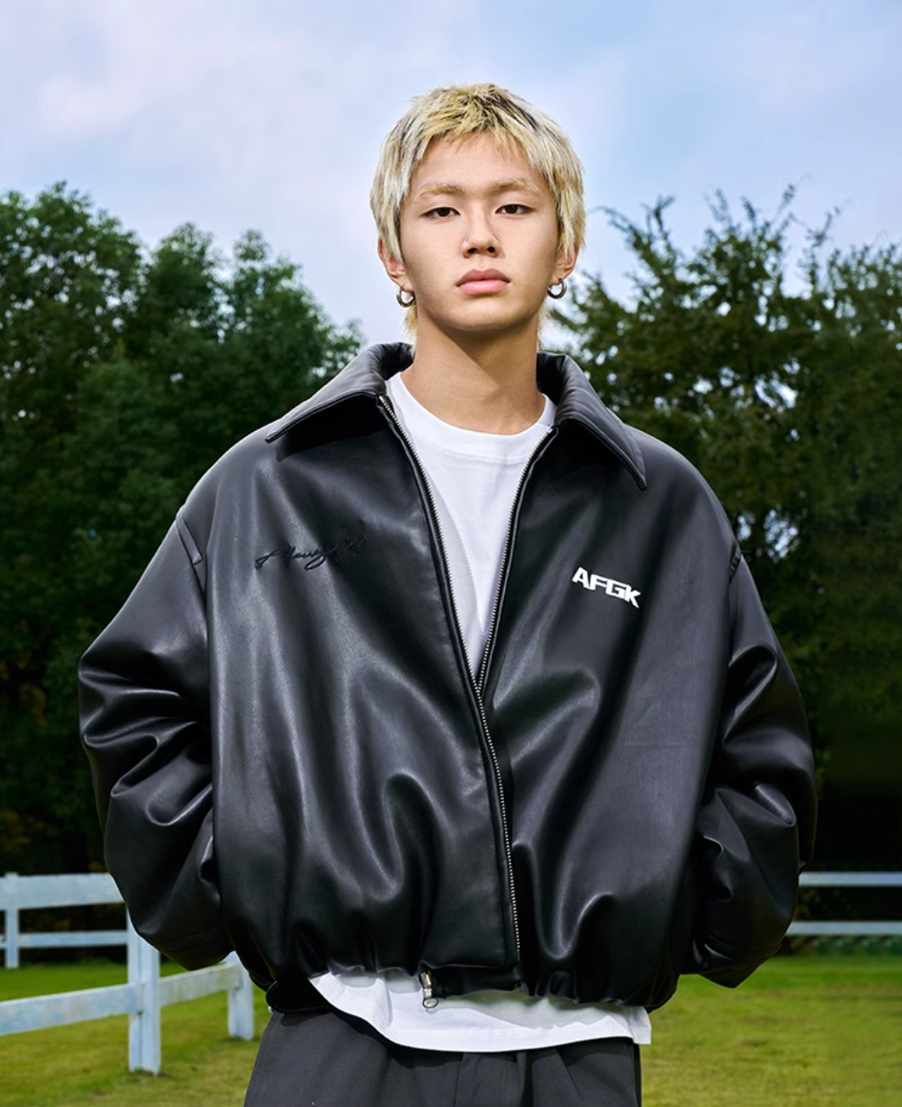 AFGK Embroidered Leather Short Bomber Jacket