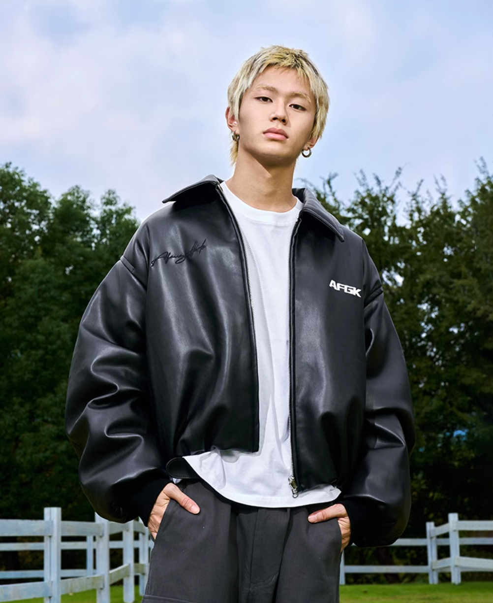 AFGK Embroidered Leather Short Bomber Jacket
