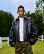 AFGK Embroidered Leather Short Bomber Jacket