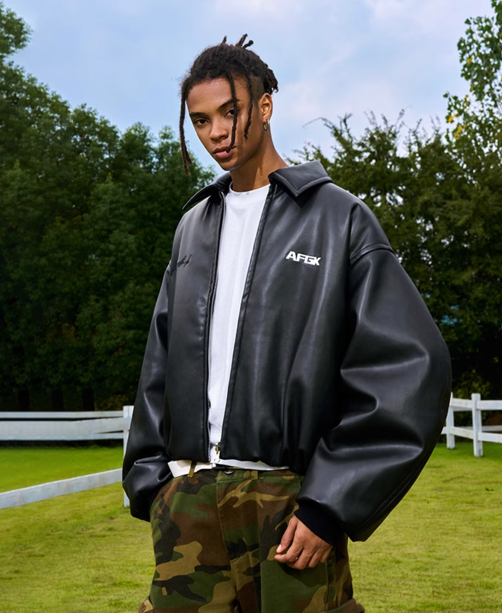 AFGK Embroidered Leather Short Bomber Jacket