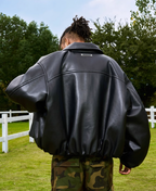 AFGK Embroidered Leather Short Bomber Jacket