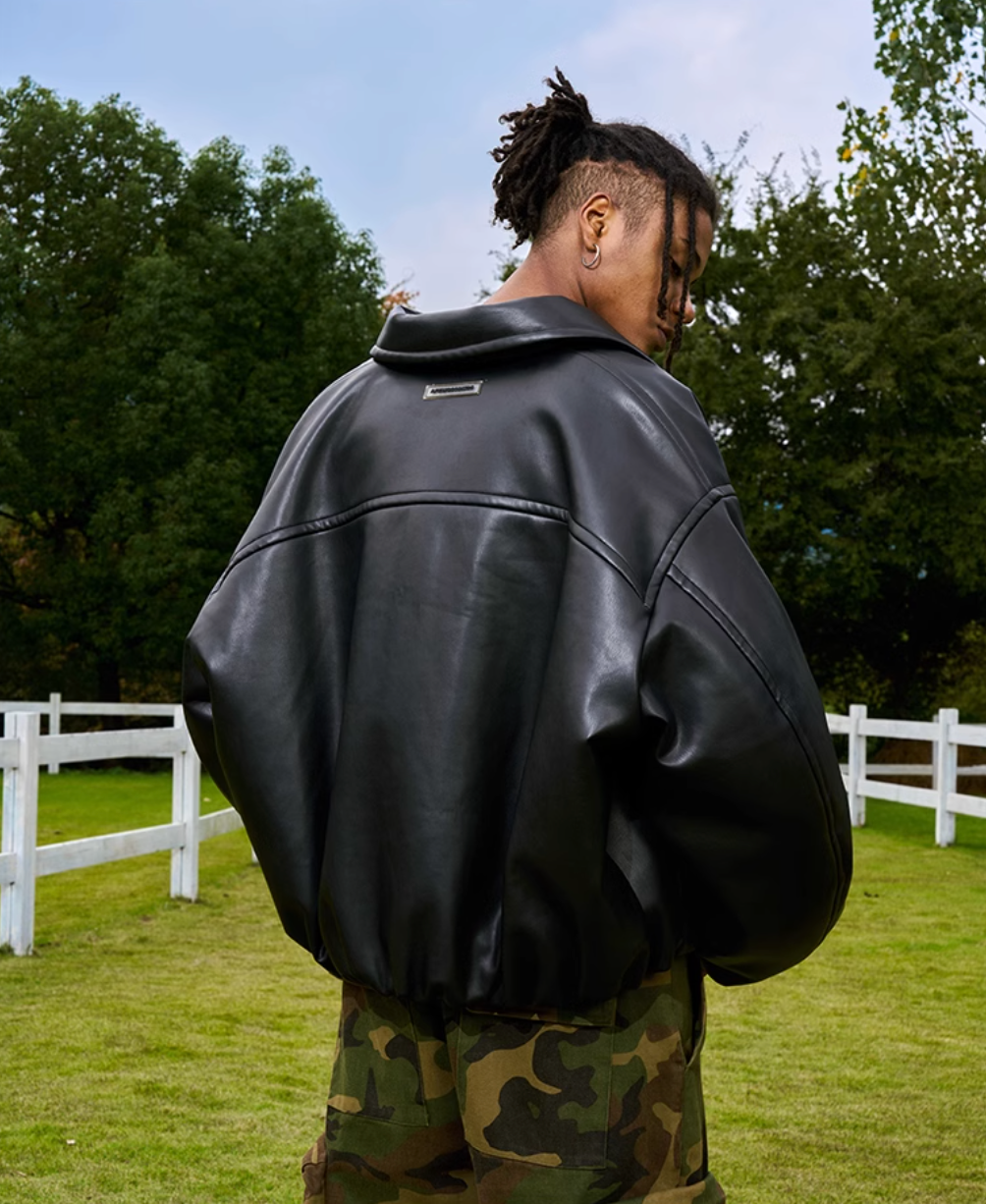 AFGK Embroidered Leather Short Bomber Jacket