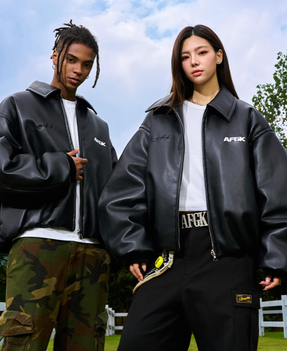 AFGK Embroidered Leather Short Bomber Jacket