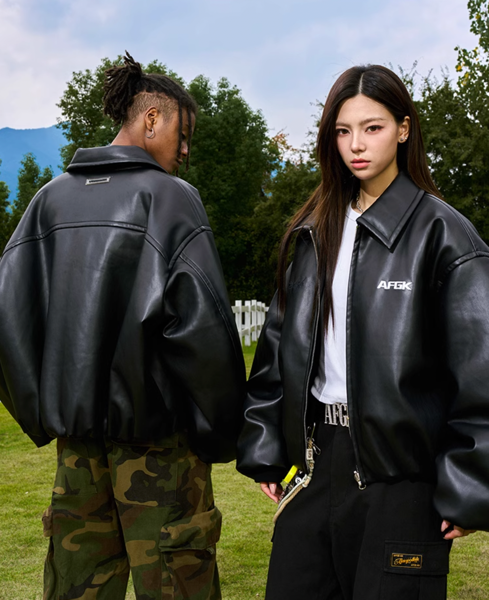 AFGK Embroidered Leather Short Bomber Jacket