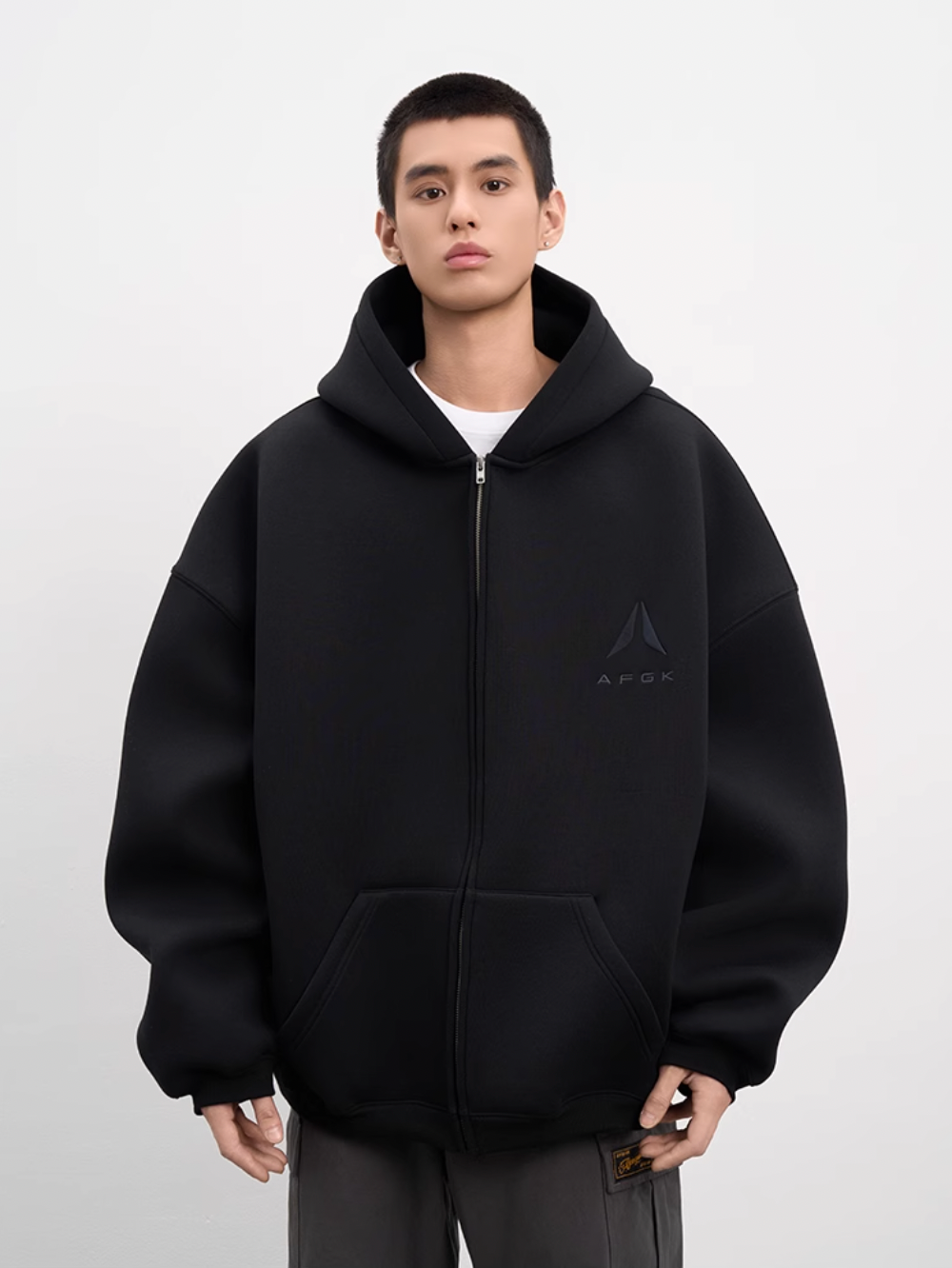 AFGK Air Layer Embroidered Oversized Zip-Up Hoodie